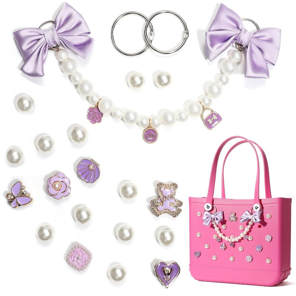 2956 Purple Fabric Bow Charms for Rubber Totes , Pearl Chains, Bling Charms
